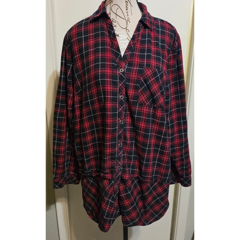 J. Jill Red Black Tartan Plaid Cotton Button Down Tunic Shirt Sz Med Holiday